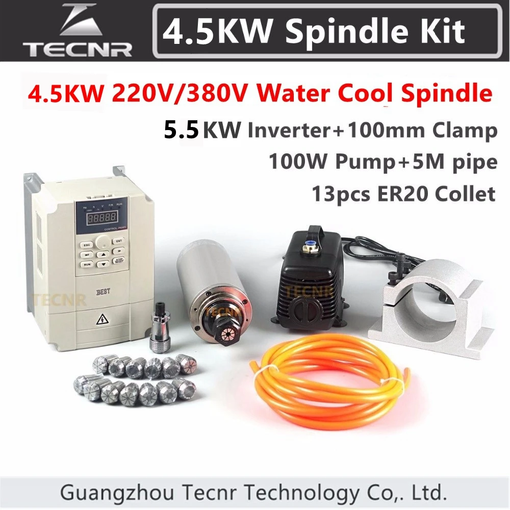

4.5KW Spindle Kit 4.5KW 220V 380V 100MM CNC Water Cooled Spindle Motor + VFD+100MM clamp+100W water pump/pipe+13pcs ER20 colllet