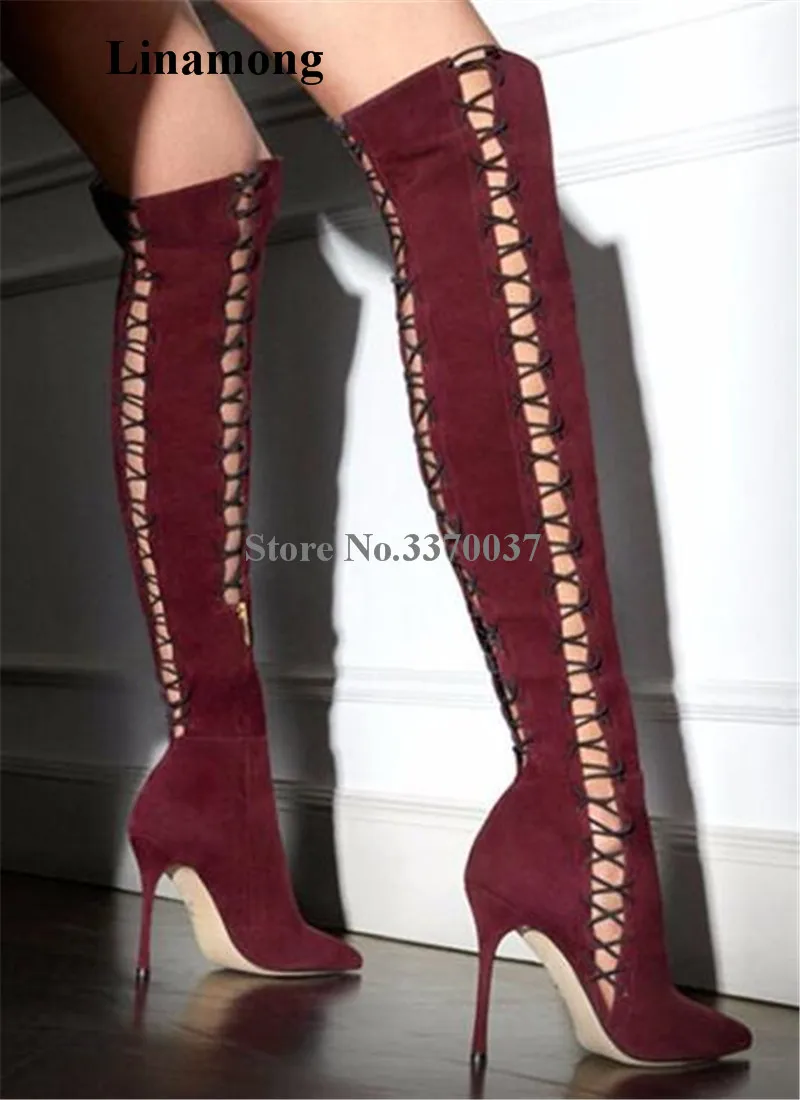 

Women Sexy Fashion Pointed Toe Suede Leather Knee High Thin Heel Gladiator Boots Cut-out Bandage Long High Heel Boots Dress Shoe