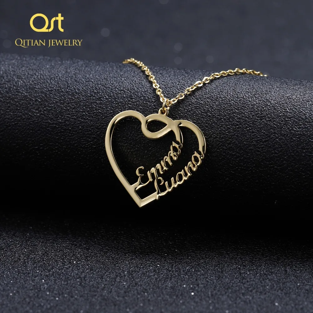 Qitian Double Heart Name Custom Necklaces Personalized Stainless Steel Jewelry For Women Gold Choker Jewelry Bridesmaid Gift