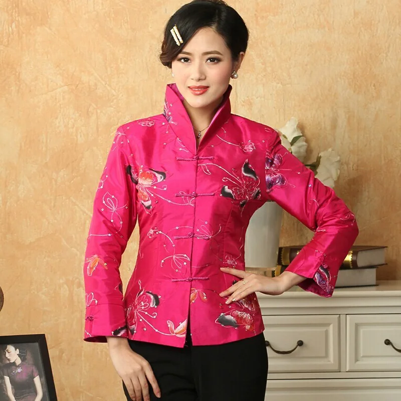 Novelty Clothes Rose red Women\'s Chinese Traditional Hand-painted Jacket Vintage Tang Suit Butterfly Pattern Coat Outerwear