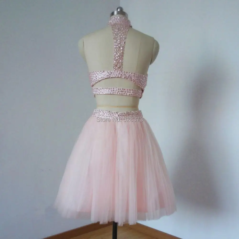 YNQNFS PD40 Crystal Beaded Pink Tulle Halter 2 Piece Short Prom Dress Party Ball