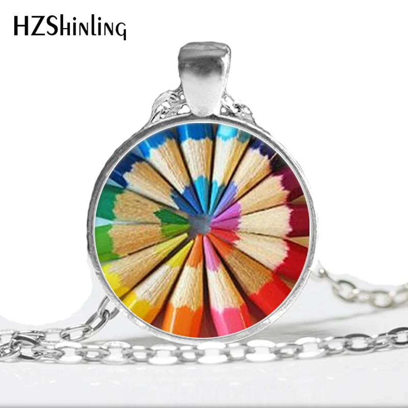 HZ--A356 New Coloring Pencils necklace Rainbow Colored Pencils Art Necklace Gift for Artist Cabochon Necklace Teacher Gift HZ1