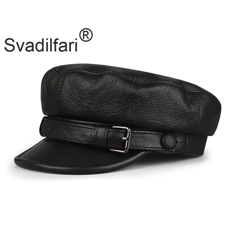 

Unisex South Korean Style Genuine Leather Fitted Flat Military Hat For Man Woman Personality Locomotive Punk Black Baseball Caps