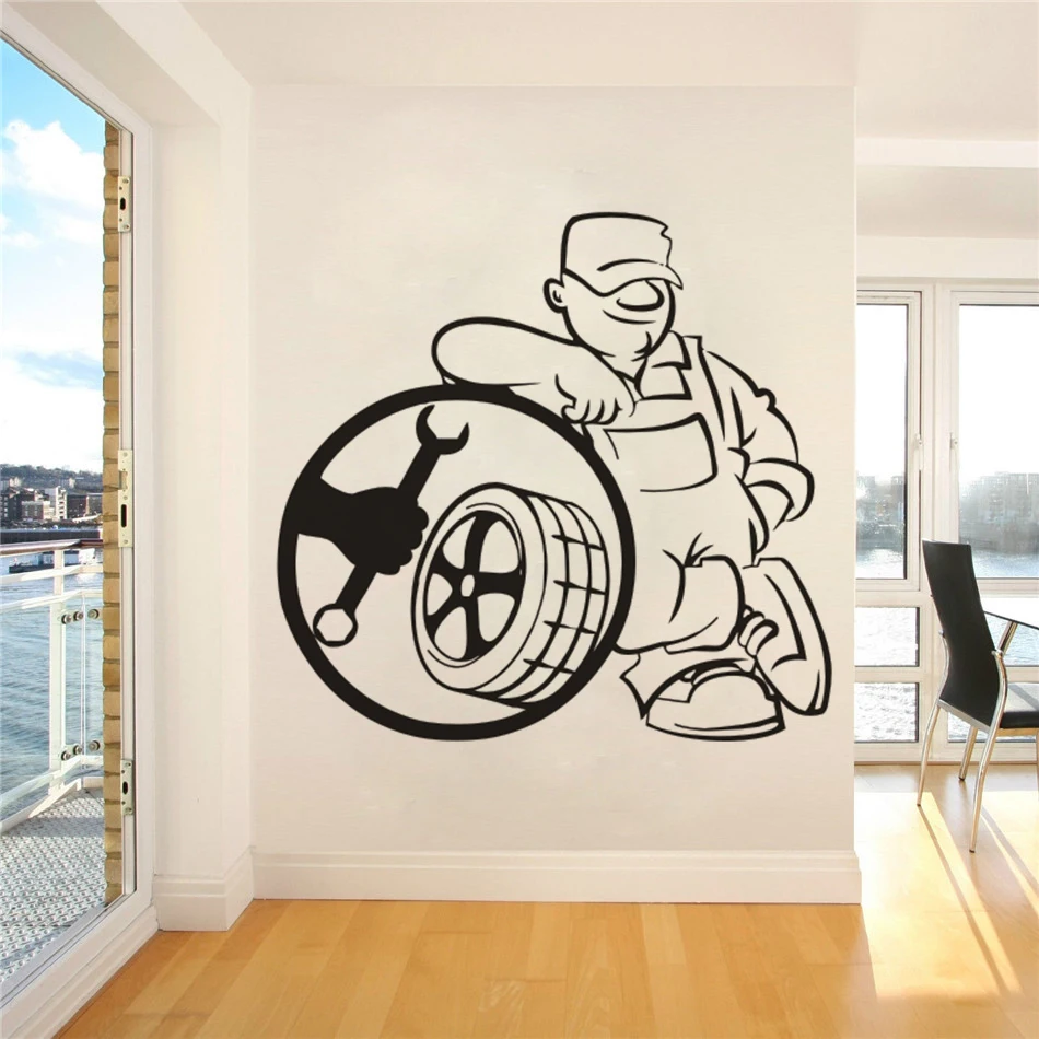 Auto Car Repair Wall Decal Removable Tire Service Wall Sticker Repairing Man Wallpaper Car Service Vinyl Art  Decoration AZ203