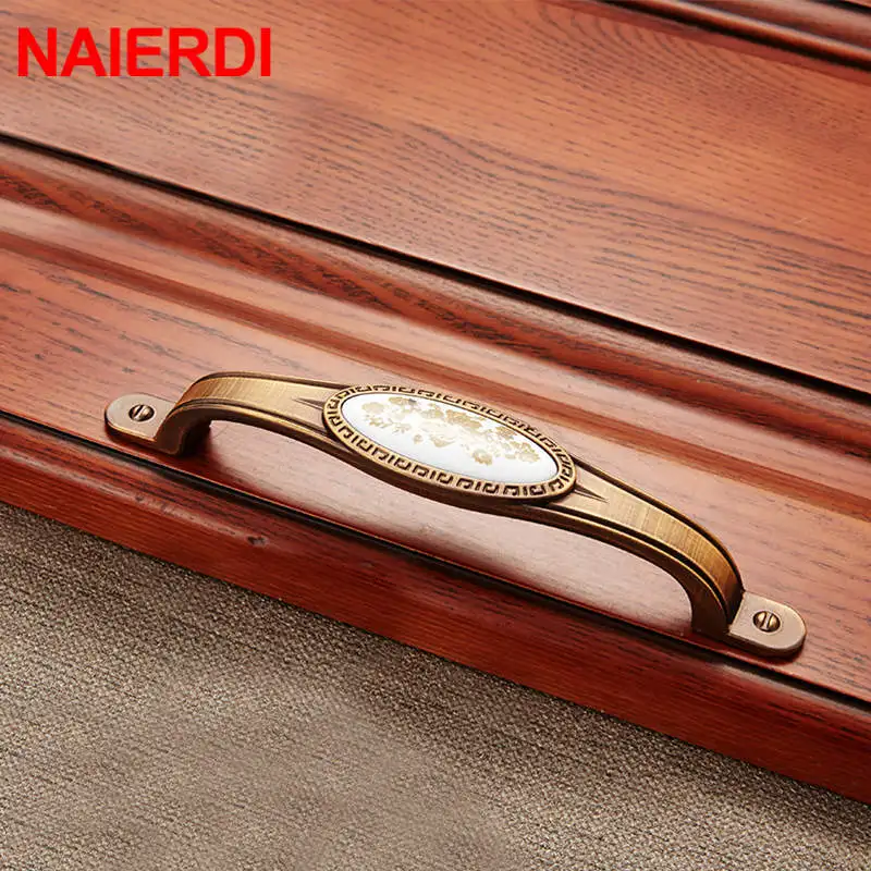 NAIERDI Vintage Ceramic Gold Cabinet Handles Drawer Knobs Zinc Alloy Wardrobe Door Handles Pulls European Furniture Handle