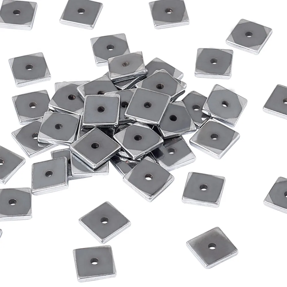 Pandahall 50pcs Electroplate Non-Magnetic Hematite Stone Beads For Jewelry DIY Bracelets Making Black Square 6x6x1mm Hole: 1mm