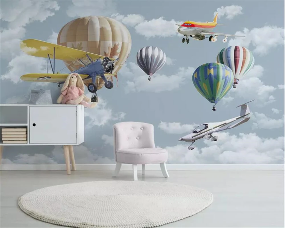 customize wallpaper photo nordic Hand Painted cartoon airplane balloon Children's room kindergarten background wall 3d wallpaper