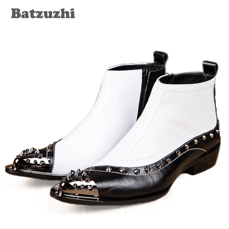 Batzuzhi Ankle Man Boots ITALY TYPE Increased Height Men's Leather Boots Pointed Rivets Toe Western Rock Black White EU38-46!