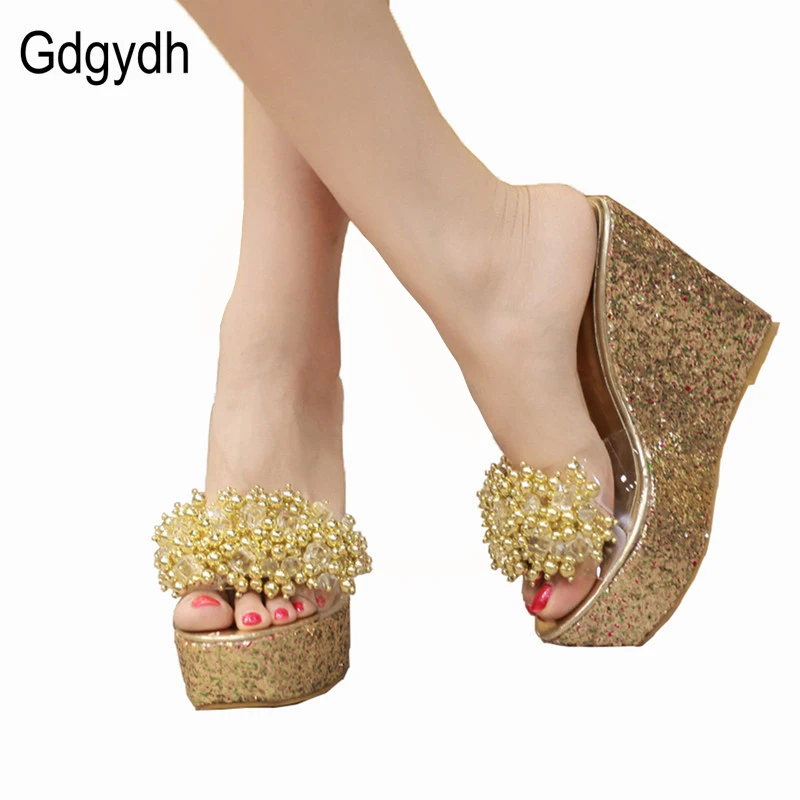 Gdgydh Rhinestone Wedges Sandals Women Summer Sexy Trifle Slides Casual Beading Open Toe Female Sandals Platform Shoes