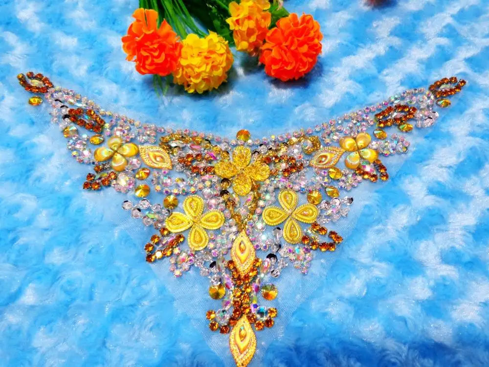 Handmade crystal  patches Golden/clear AB colour sew on  Rhinestones applique with stones sequins beads 32*13cm  for top dress