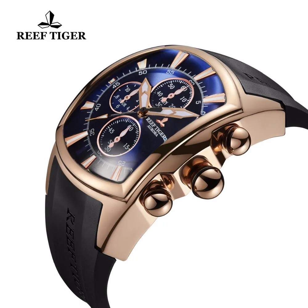 Reef Tiger/RT Big Pilot Watches Mens Luxury Rose Gold Rubber Strap Waterproof Sport Clock Date RGA3069-T