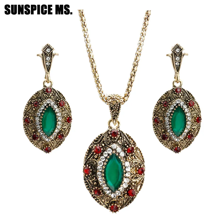 Vintage Bronze Oval Jewelry Sets Women Antique Resin Relief Flower Drop Earrings Pendant Necklace Turkish Ethnic Wedding Bijoux