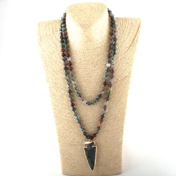 Fashion 130cm Long Knot Halsband India Agat Arrowhead Pendant Necklace Handmade Women Natural Stone Bead Necklace