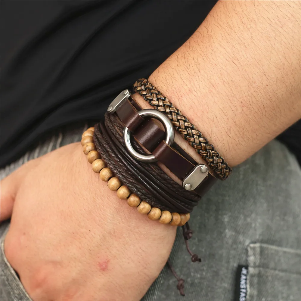 New Fashion Punk Vintage Multilayer Leather Bracelet Braided Handmade Femme Homme Bead Wrap Women Men Bracelets & Bangles Male