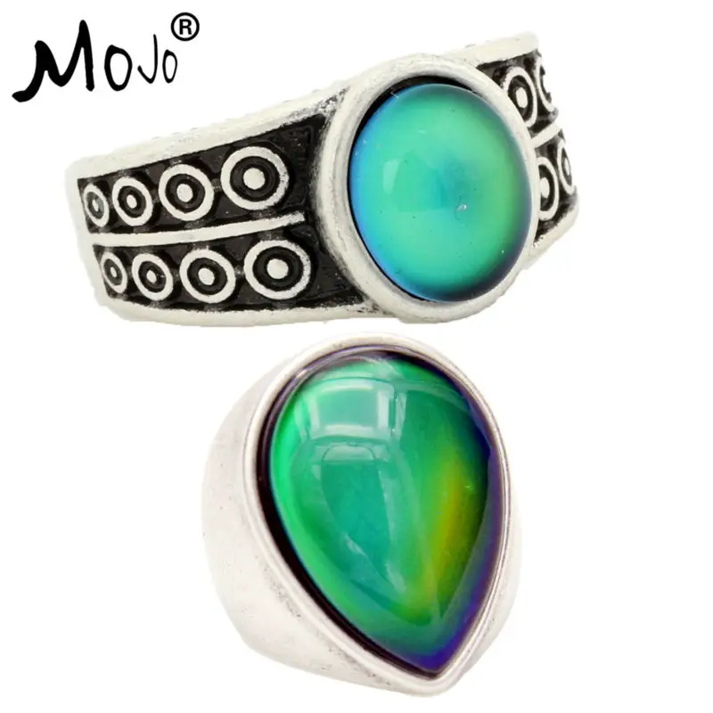 2PCS Antique Silver Plated Color Changing Mood Rings Changing Color Temperature Emotion Feeling Rings Set For Women/Men 007-048