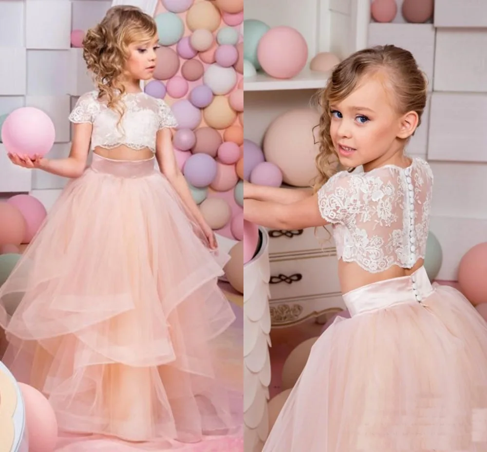 

Coral Two Pieces Lace Ball Gown Girl Dresses Vintage Child Pageant Dresses Beautiful Flower Girl Performance Costumes Dress