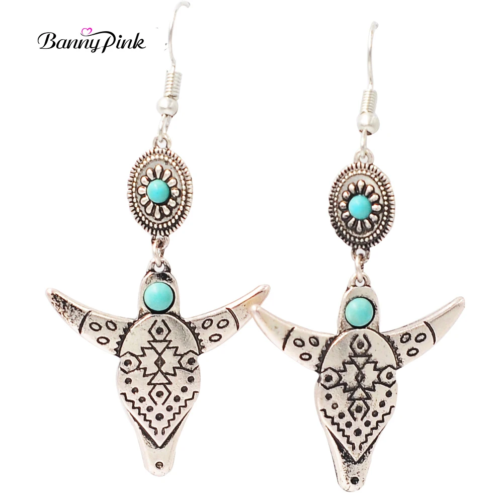 Banny Pink Vintage Indian Pattern Ox Dangle Earrings For Women Ethnic Geo Metal Pendant Fashion Jewelry Pendientes