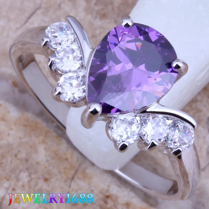 Absorbing Purple Cubic Zirconia White CZ Silver Plated Ring Size 5 / 6 / 7 / 8 D532