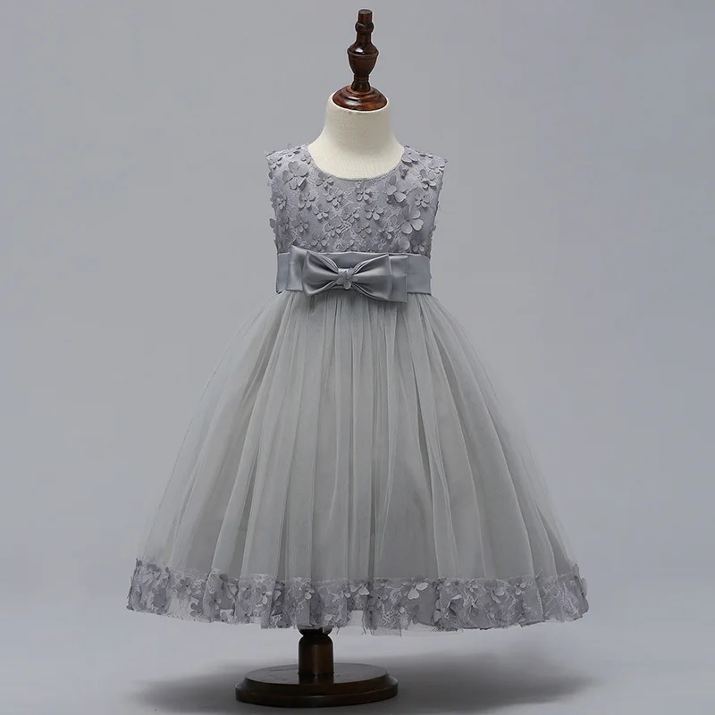 Vestidos drapeados de flores con lentejuelas para niña, con lazo de cinta, elegantes vestidos de encaje con lazo de flores para primera comunión, venta al por menor, LL314