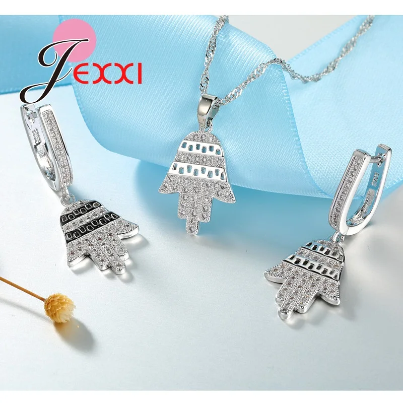 Real 925 Sterling Silver Needle Jewelry Sets AAA Zircon Friendship Hamsa Hand Fatima Palm Lever Back Earrings Pendant Necklace