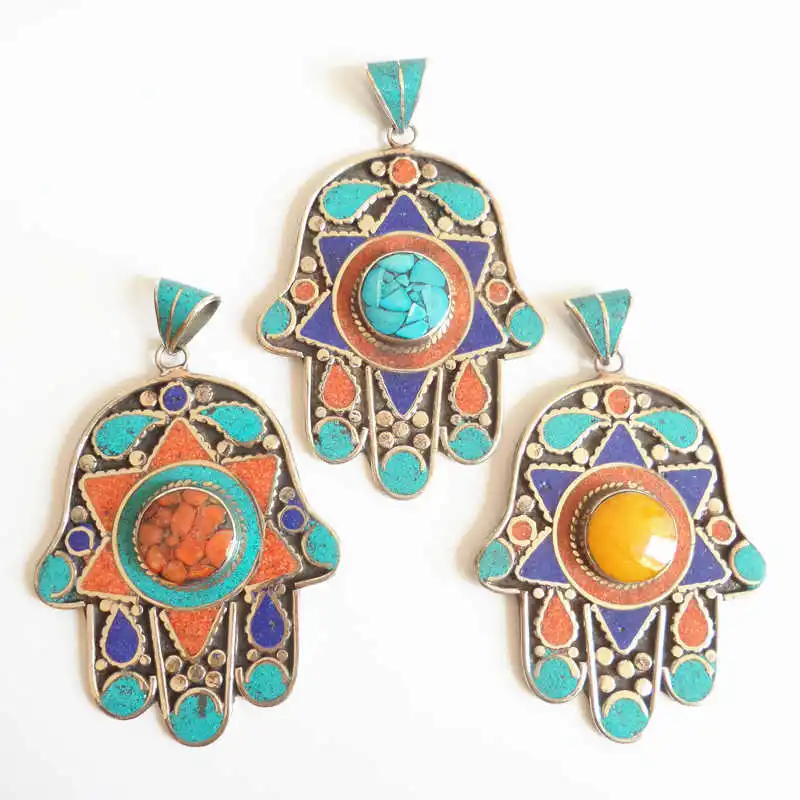 TBP531 Tibetan Buddha Hand Amulet Pendants White Metal Copper Inlaid Colorful Stone Vintage Pendant