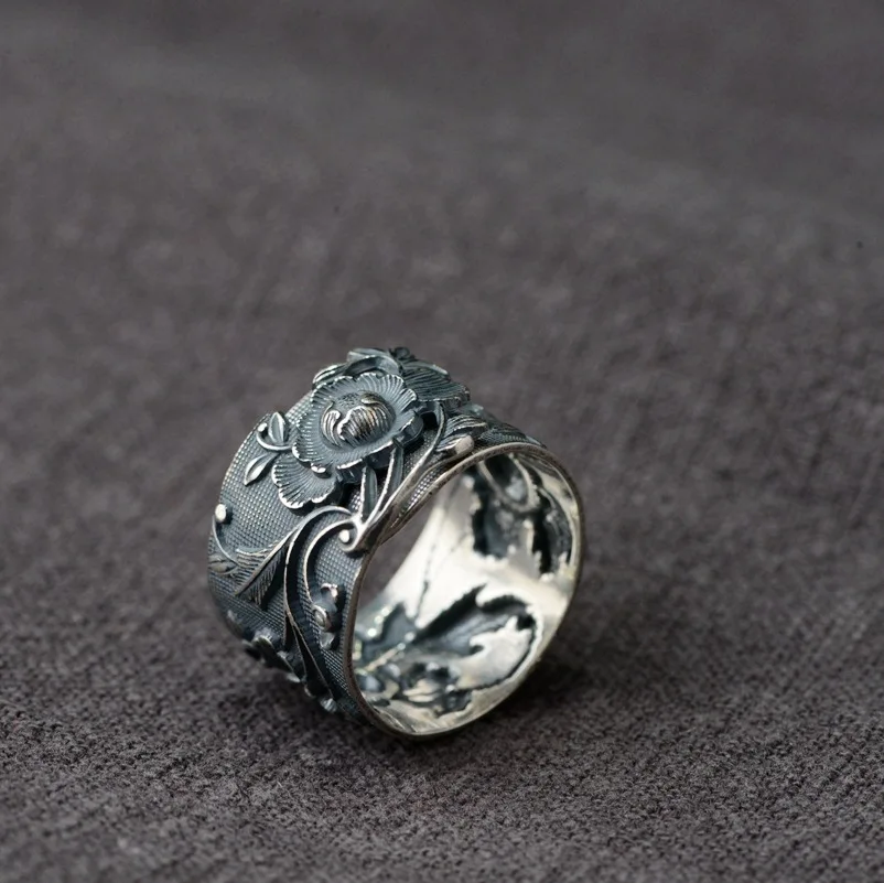 S990 fine silver restoring ancient ways is technology Open the peony Female anaglyph silver ring Blooming flowers