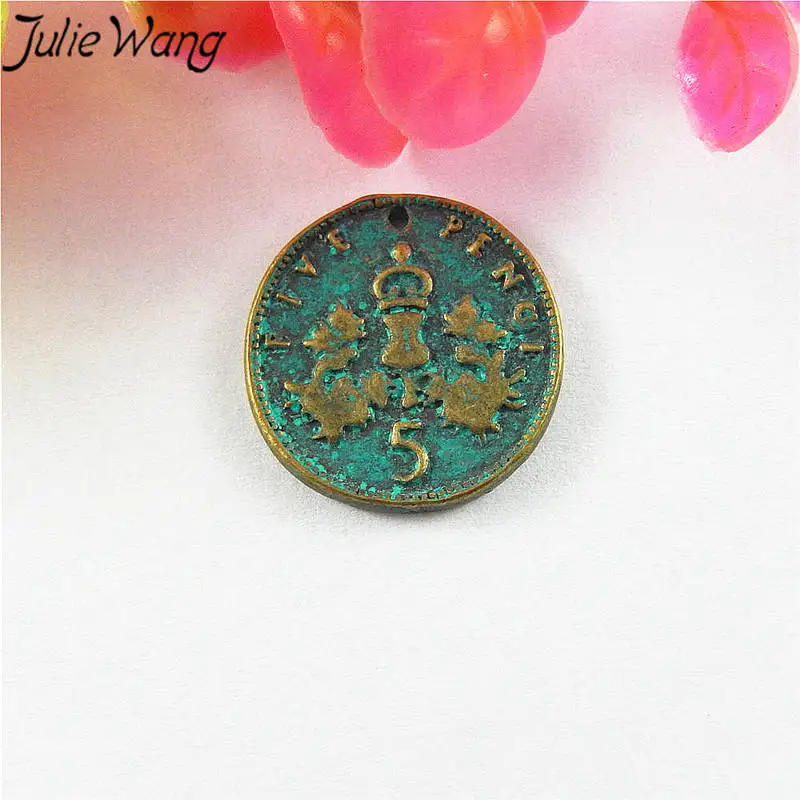 Julie Wang 20pcs Antique Green Bronze Alloy Imitation 5 Pence Charms For Necklace Pendants Findings Jewelry Making Accessory