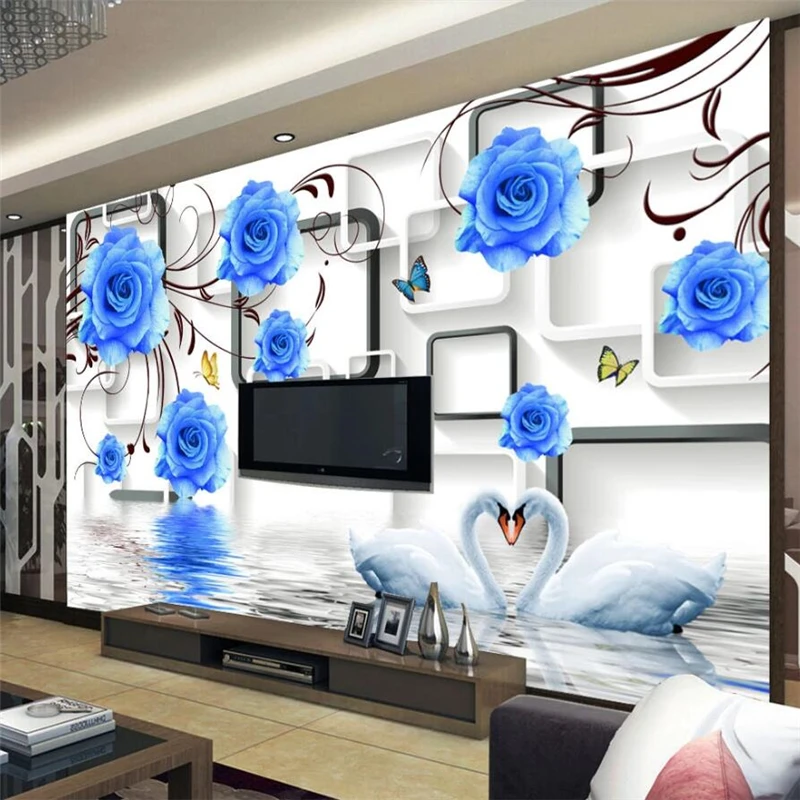 Custom wallpaper blue rose swan 3D mural papier peint TV background wall living room bedroom wall papers home decor 3d wallpaper