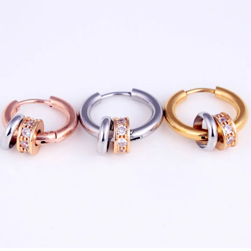 Punk Men Earrings Circle Round Two-tone Huggie Hoop Earrings for Women Crystal Earings Titanium Steel Hip Hop Male Jewelry aros