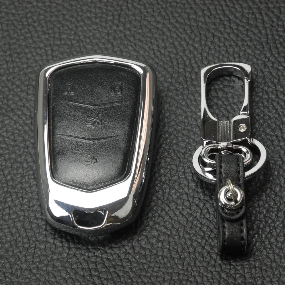 jingyuqin New Remote 4/5 Buttons Car Key Cover Case For Cadillac CTS XTS ATS ATS-L XLS SRX Zinc Alloy+Leather keychain