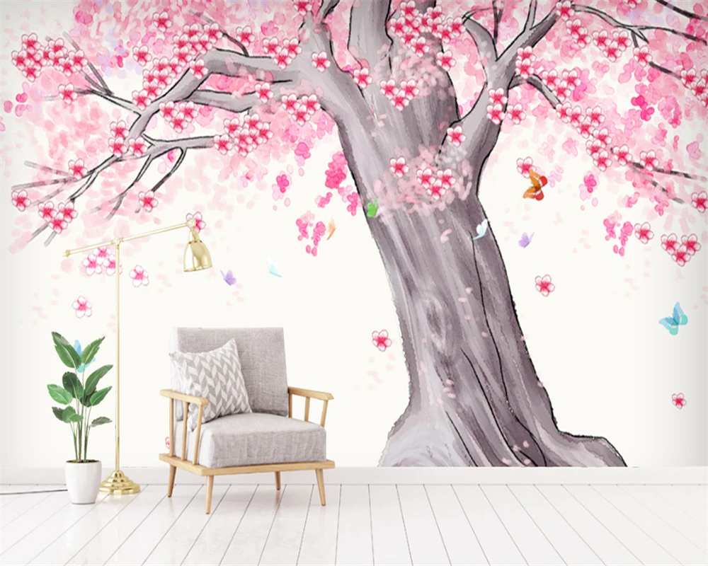 Custom size wallpaper simple hand-painted watercolor cherry tree scenery TV background wall decoration murals 3d wallpaper