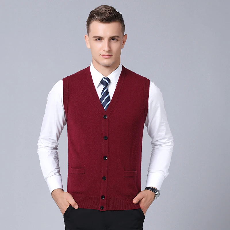 Men's 100% Wool Vest Autumn & Winter Casual Solid Sleeveless Cashmere Sweater Male V-Neck Buttons Knitwear Vest