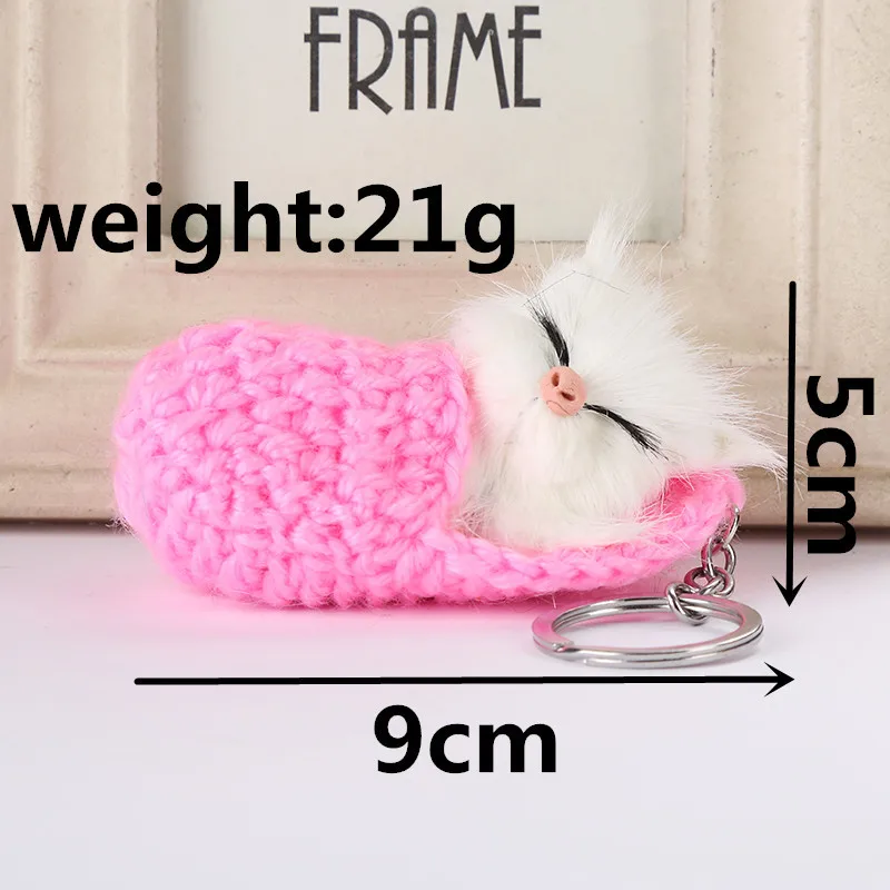 50PCS 7Colors Sleeping Cat Pompom Keychains Women Girls Handmade Woven Shoes Faux Rabbit Fur Kitten Key Chains Fluffy Bag Key