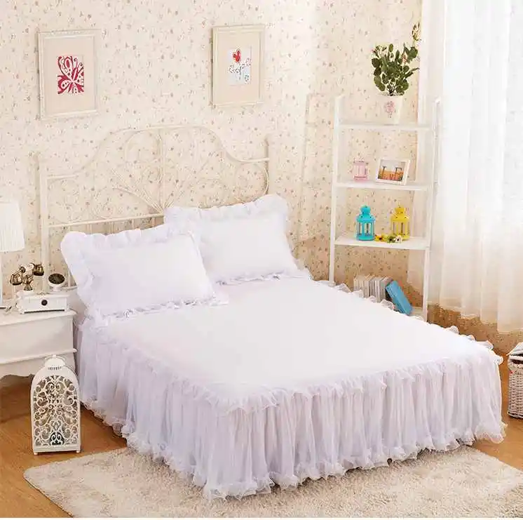 White Lace Ruffles Bedding Bed Skirt Pillowcases Princess Bedspread Solid Color Bedroom Mattress Cover Home Textile