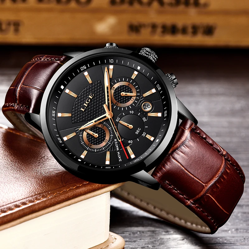 Relogio Masculino Uomini Orologi LIGE di Modo Impermeabile Cronografo Quarzo Di Marca Di Lusso Della Vigilanza Degli Uomini di casual di Cuoio Della