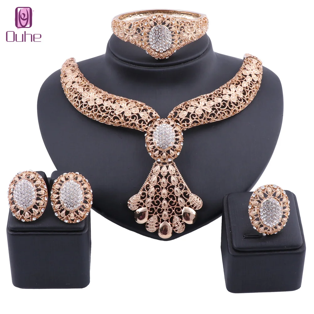 

Bridal Gift Nigerian Wedding African Beads Jewelry Set Brand Woman Fashion Dubai Gold Color Crystal Necklace Jewelry Set