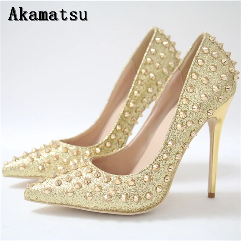 

Designer shoes woman luxury akamatsu brand gold yellow high heels escarpin footwear woman slip on pointed toe pupms glitter shoe