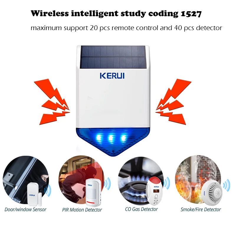 KERUI Wireless 433mhz Outdoor Strobe Solar Powered Siren LED Flashing Response Sound 110 dB Waterproof Siren for Alarm System