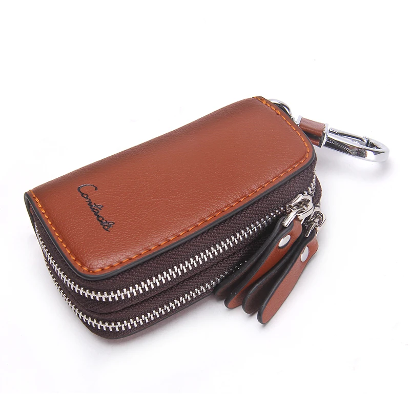 CONTACT\'S Genuine Leather Car Key Wallets Fashion Key Holder Housekeeper Keys Organizer Double Zipper Keychain Case Key Pouch