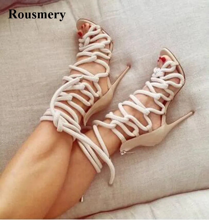 

New Design Women Fashion Rope Design Lace-up High Heel Sandals White Blue Strap Gladiator Sandals Charming Dress Shoes