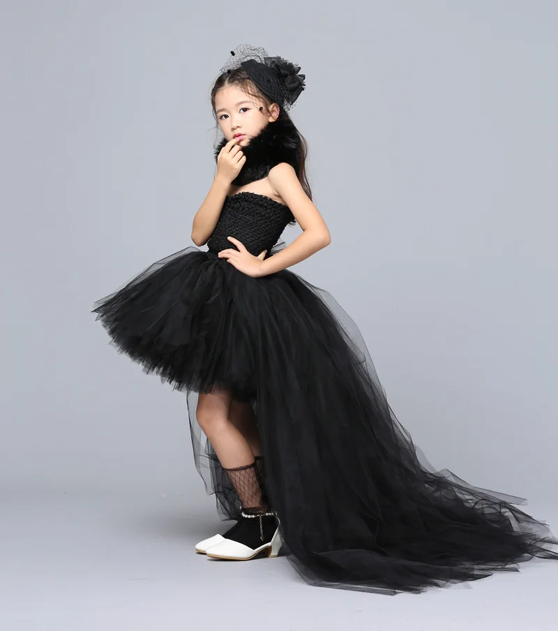 POSH DREAM Black Shoulderless Children Kids Party Clothes with Train Tulle Vintage Black Toddler Baby Girls Halloween Costume