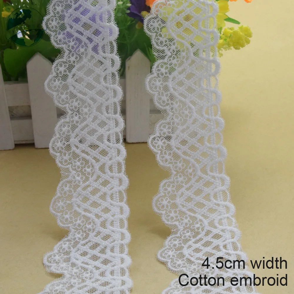 4.5cm White Cotton Embroidery Lace French Ribbon Fabric Guipure Diy Trims Warp Knitting Sewing Wedding Dress Accessories#2948