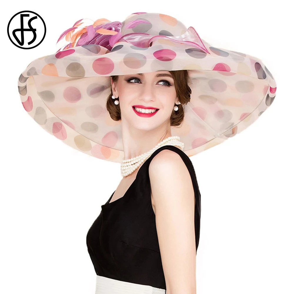 FS Summer British Style Fascinator Organza Hat For Women Pink Black Lady Large Wide Brim Wedding Hat With Flower Chapeu Feminino