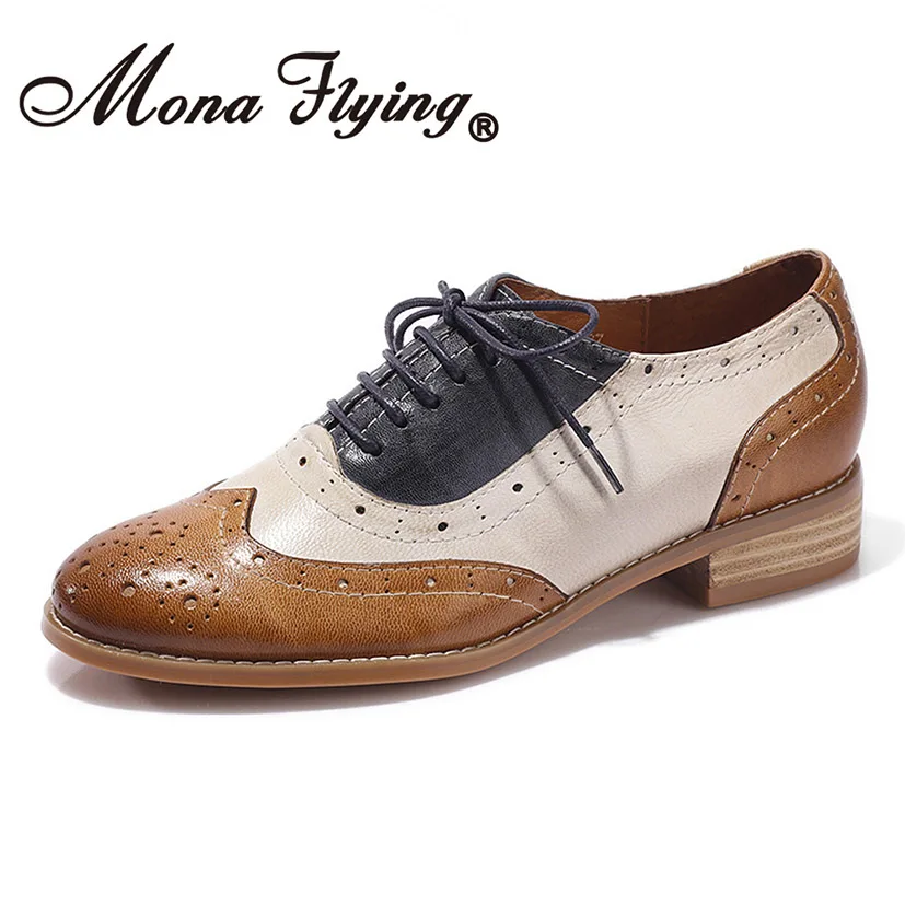 Mona flying Women Leather Wingtip Oxfords sella Brogue perforata colori misti Casual Flats scarpe stringate per donna CS-A068