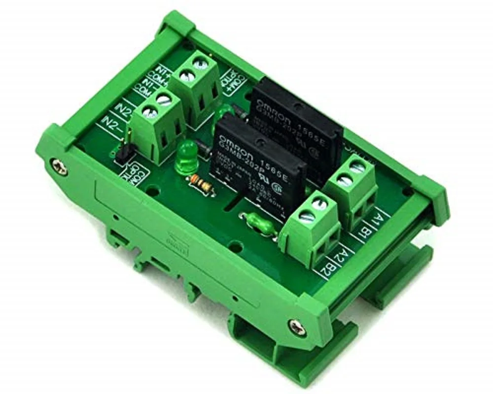 Electronics-Salon DIN Rail Mount DC24V 2 Channels DC-AC 2Amp G3MB-202P Solid State Relay SSR Module Board.