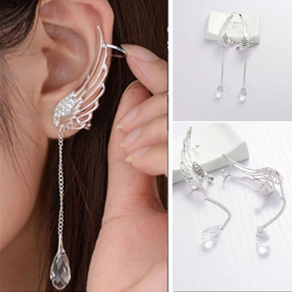 DoreenBeads New Fashion Ear Cuff Clip On Stud Wrap Earrings Angel Wing Tassel silver color Clear 10.3cm x 1.6cm, 1 Pair