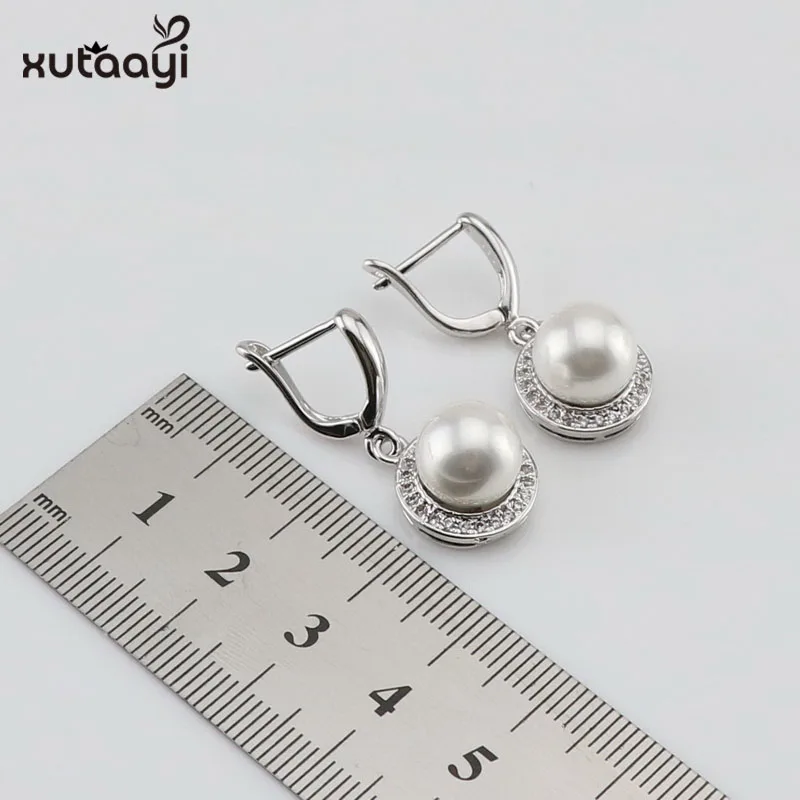 XUTAAYI White Simulated-Pearl White CZ  Sterling Silver Jewelry Sets For Women Necklace Pendant Drop Earrings Rings Gift box