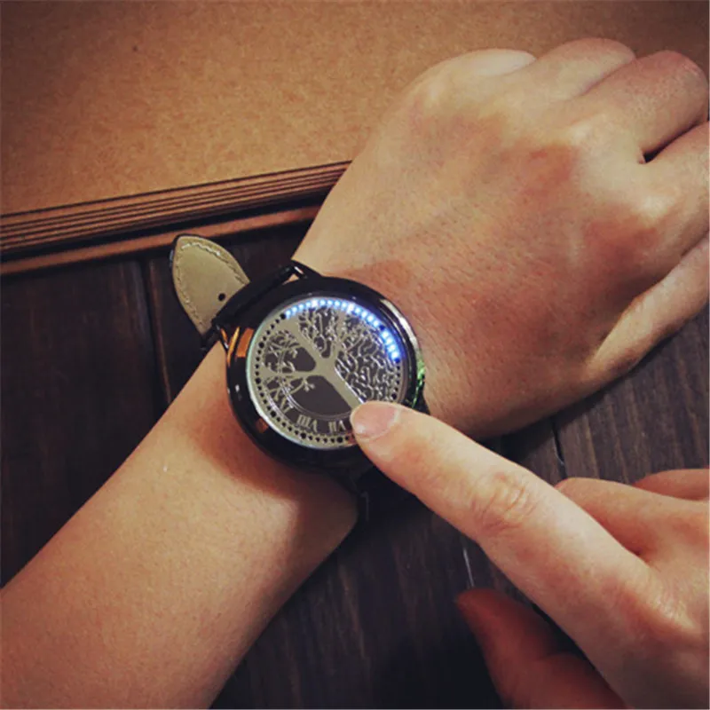 Fashion Led Watch LED Touch Screen Watch Unique Cool Watch with Tree Pattern Simple Black Dial 60 Blue Lights Watch Leather