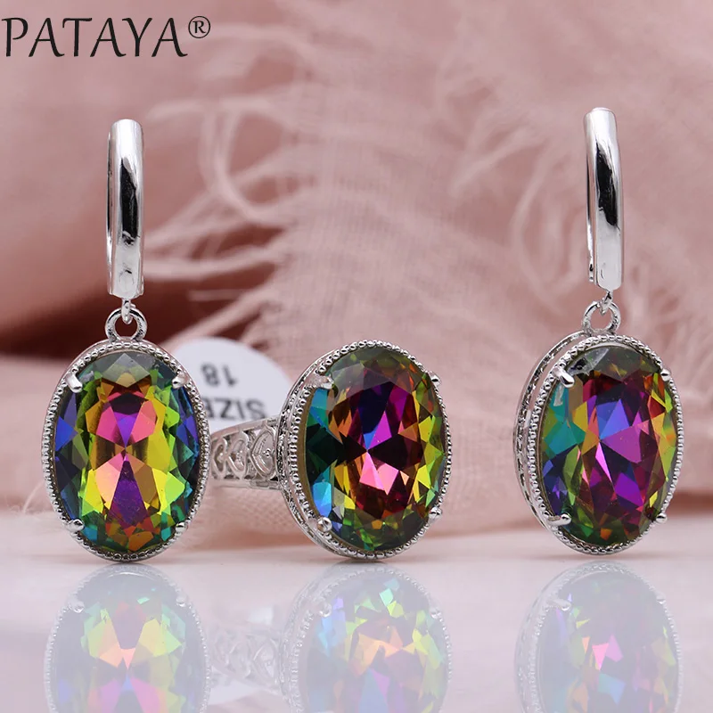 PATAYA New Women Wedding Party Noble Hollow Jewelry Sets White Gold Oval AB Color Natural Zircon Fine Dangle Earrings Rings Set