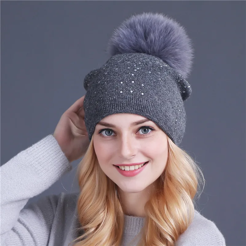 [Xthree] women winter beanie hat Rabbit fur wool knitted hat the female of the mink pom pom Shining Rhinestone hats for women